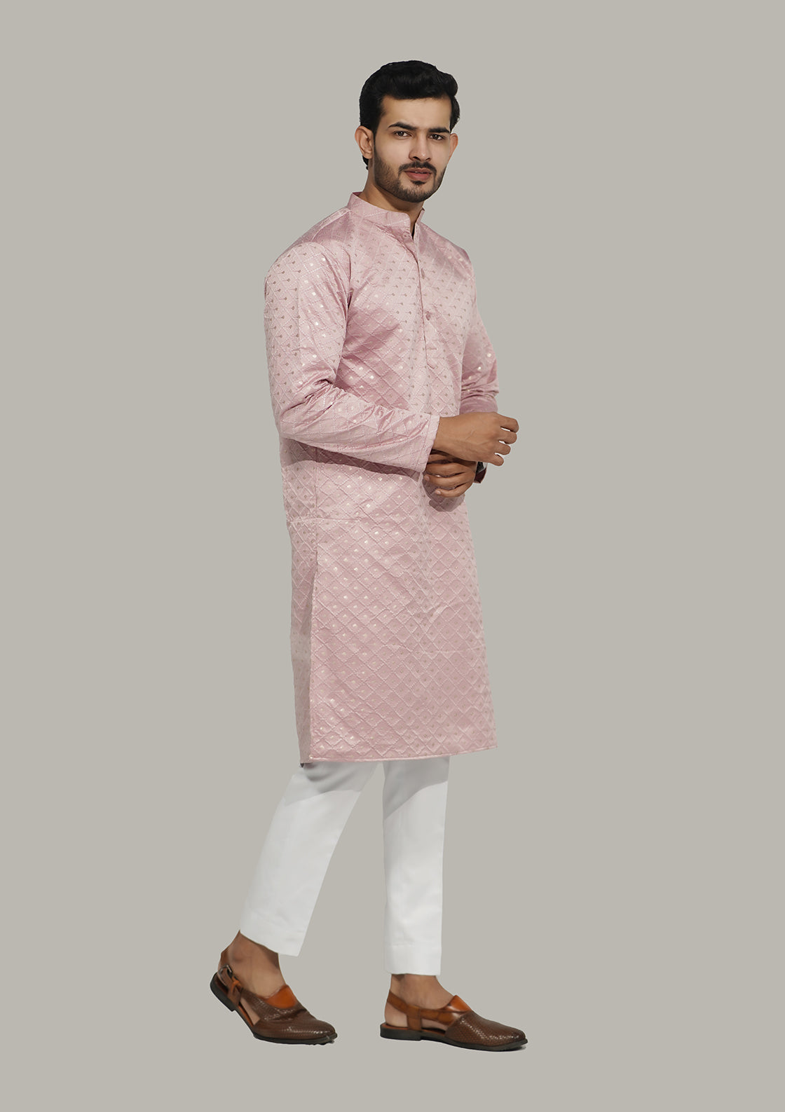 Mens Checks sequence Malai kurta Pink