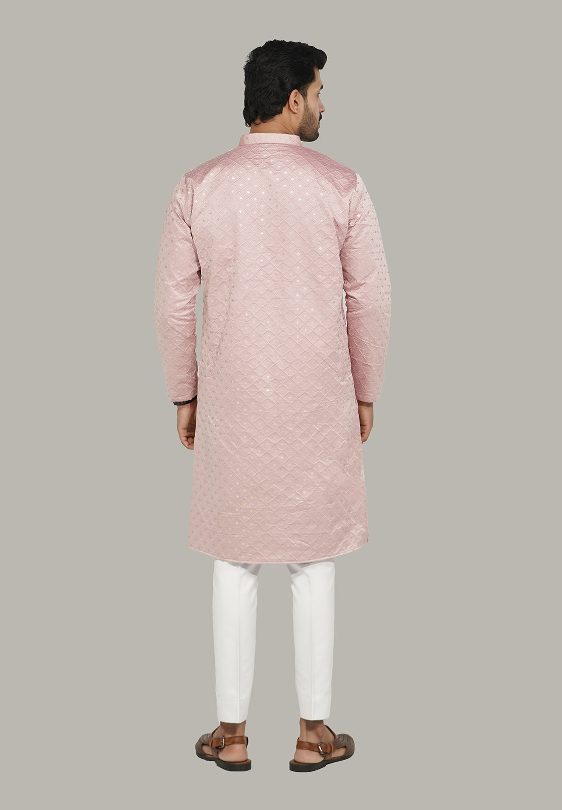 Mens Checks sequence Malai kurta Pink