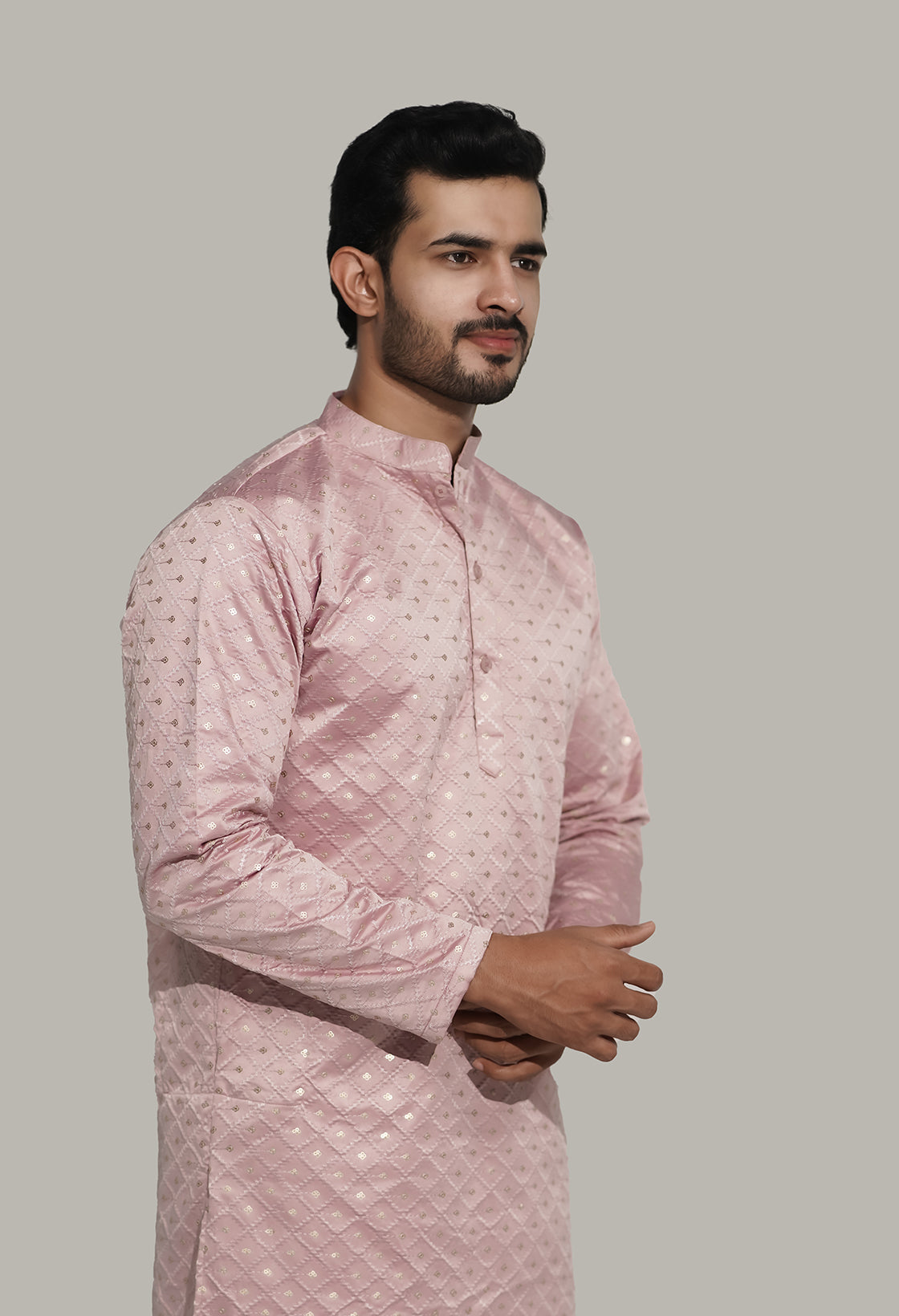 Mens Checks sequence Malai kurta Pink
