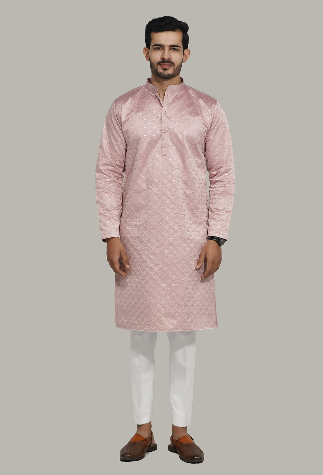 Mens Checks sequence Malai kurta Pink