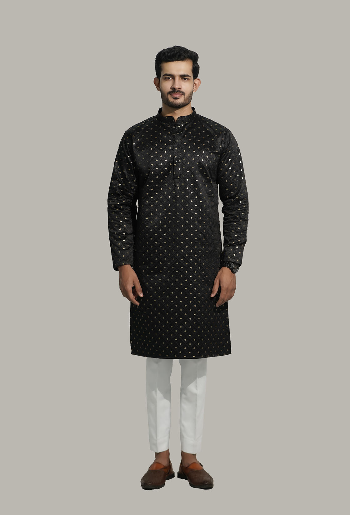 Mens Checks sequence Malai kurta Black