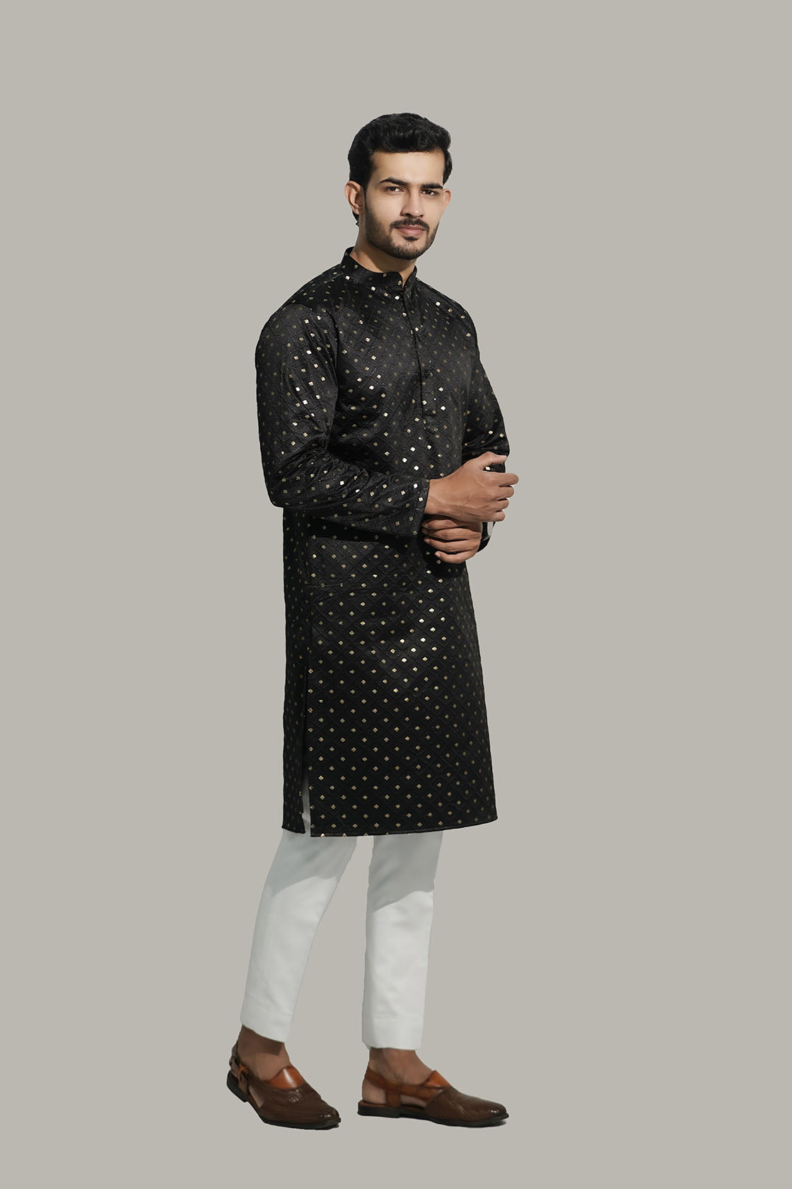 Mens Checks sequence Malai kurta Black