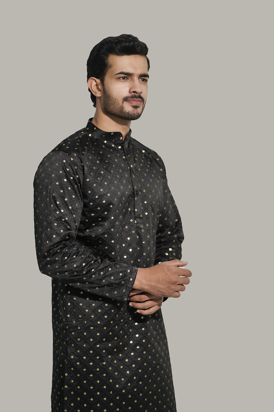 Mens Checks sequence Malai kurta Black