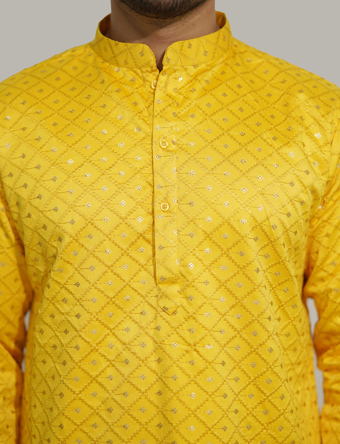 Mens Checks sequence Malai kurta Yellow