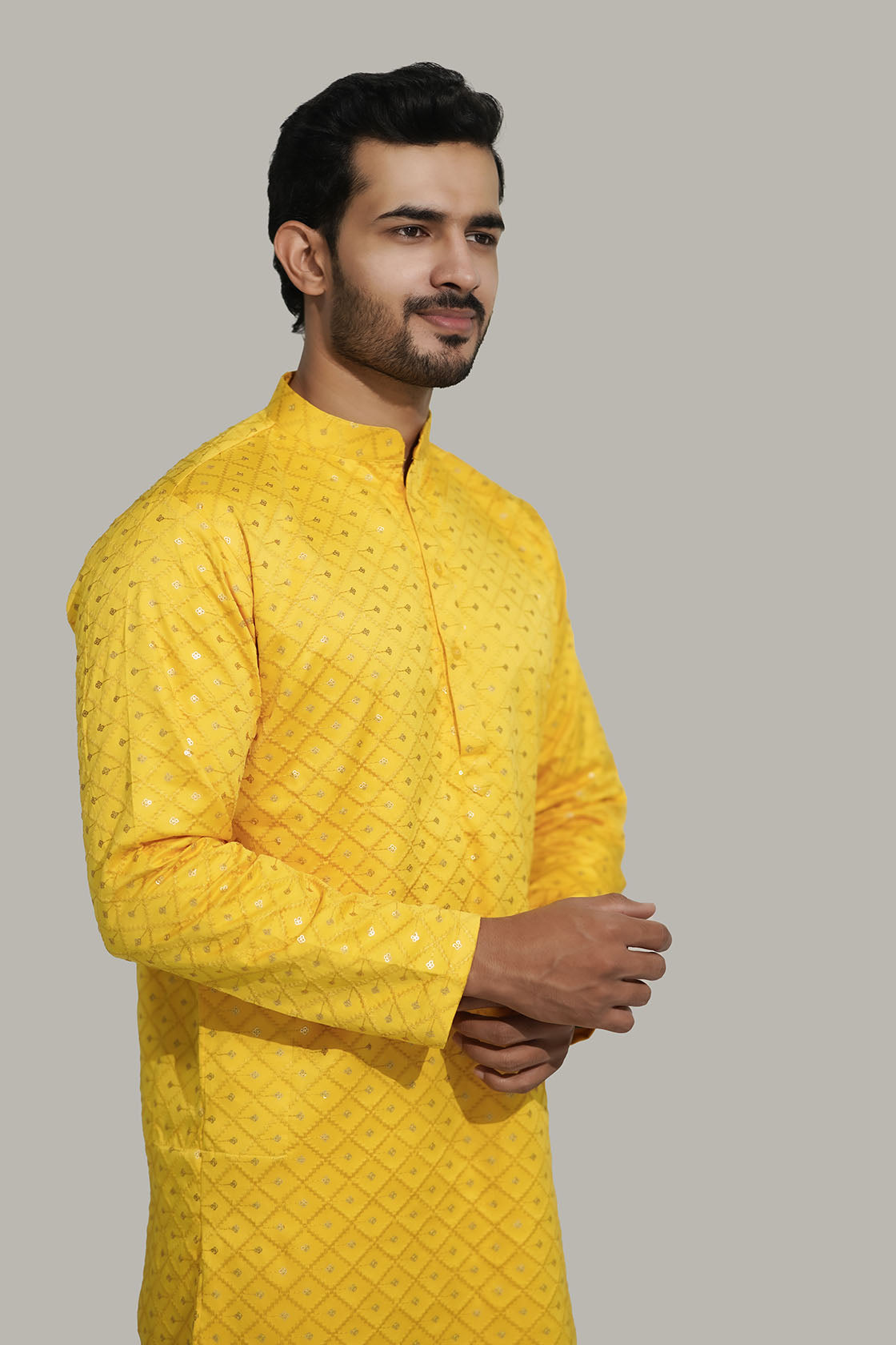 Mens Checks sequence Malai kurta Yellow