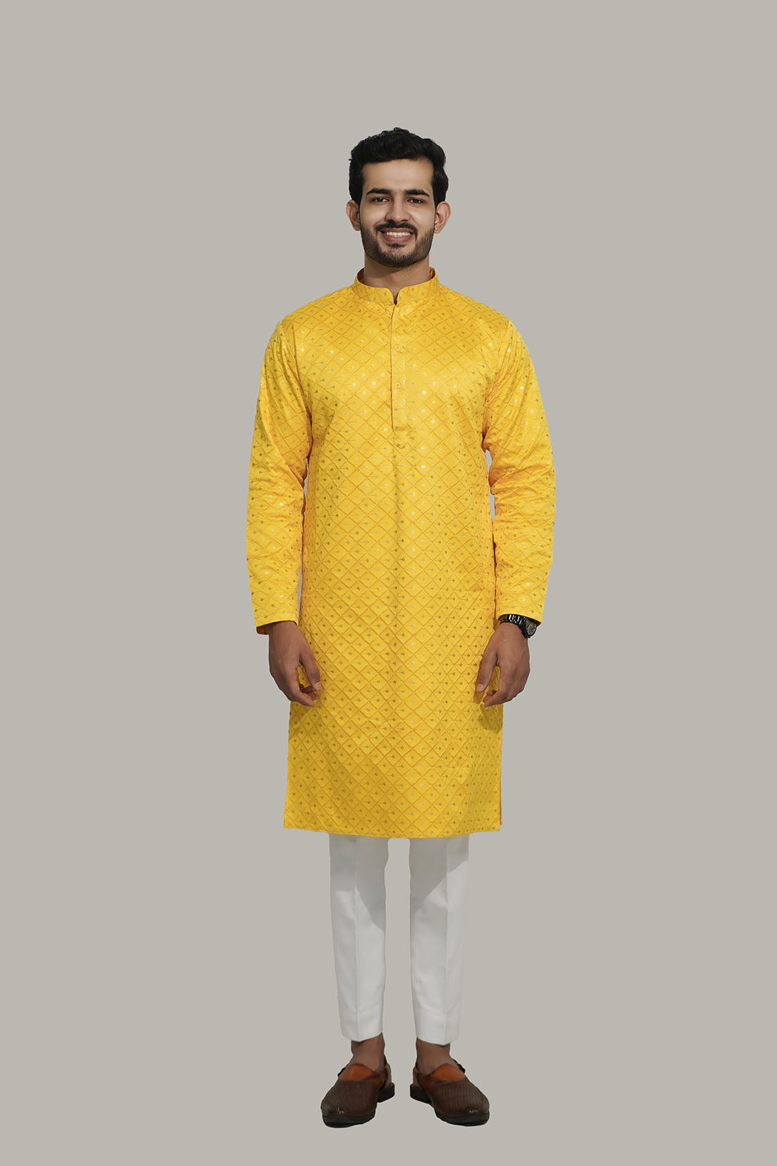 Mens Checks sequence Malai kurta Yellow