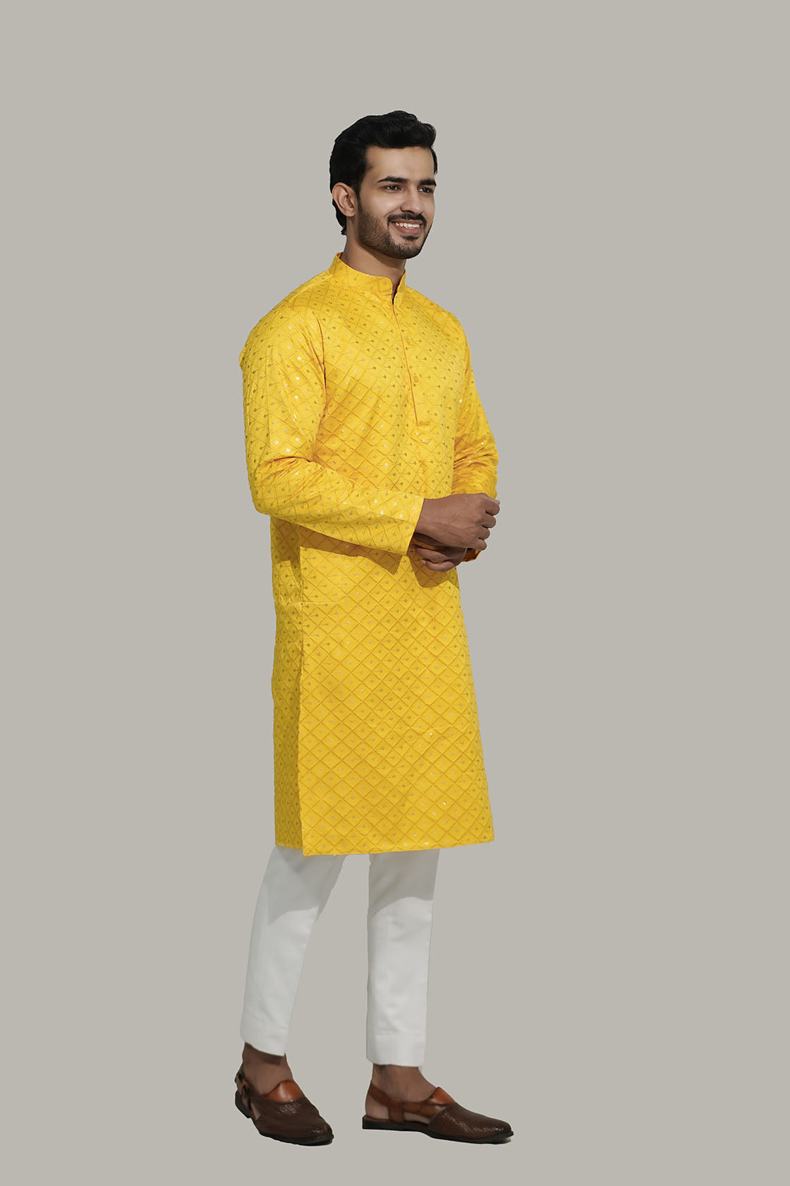 Mens Checks sequence Malai kurta Yellow