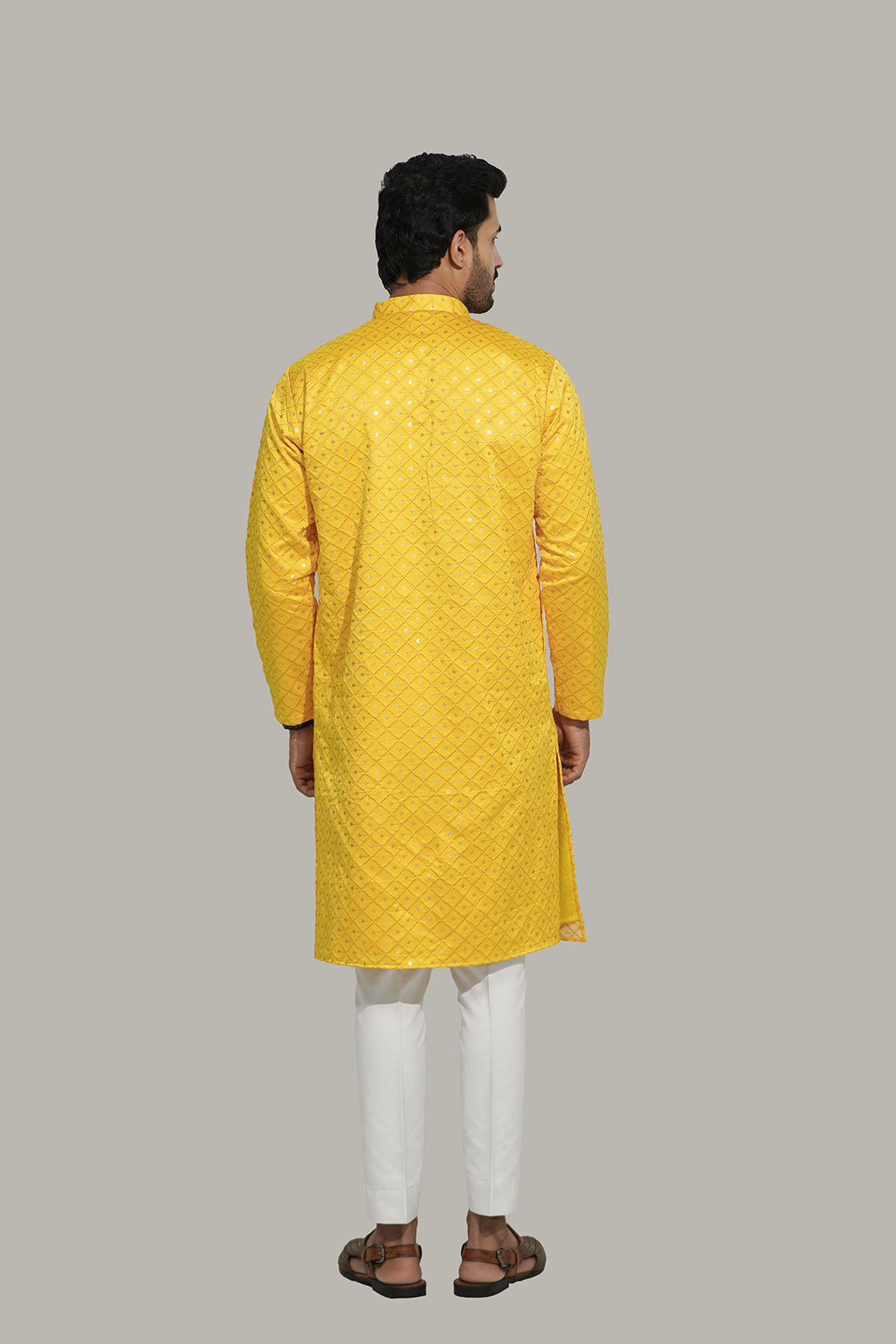 Mens Checks sequence Malai kurta Yellow
