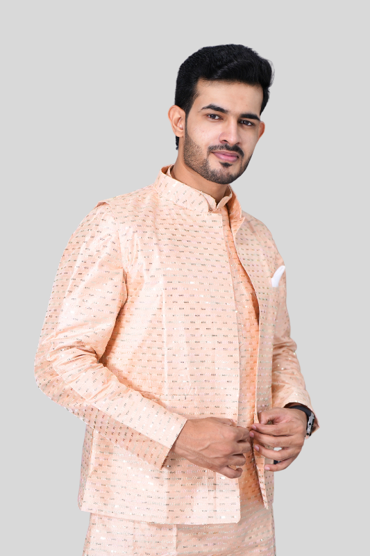 Straight Sequence Malai Kurta, Jacket & Pajama- Rose Brown