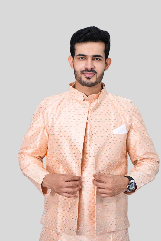 Straight Sequence Malai Kurta, Jacket & Pajama- Rose Brown