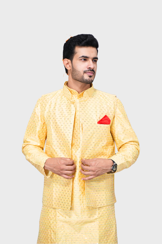 Straight Sequence Malai Kurta, Jacket & Pajama- Royal Yellow