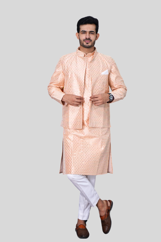 Straight Sequence Malai Kurta, Jacket & Pajama- Rose Brown