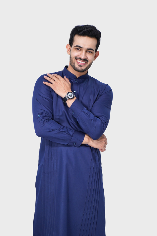 Cotton Giza Long Kurta Pleeted – Navy Blue
