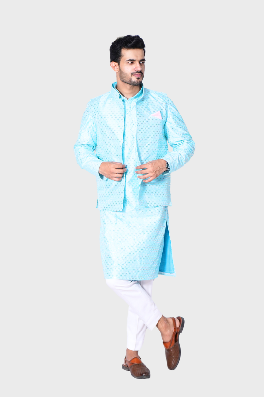 Straight Sequence Malai Kurta, Jacket & Pajama- Breezy Blue