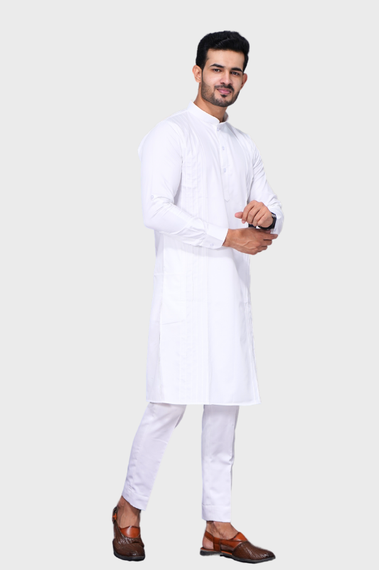 Cotton Giza Long Kurta Pleeted. – Silky White