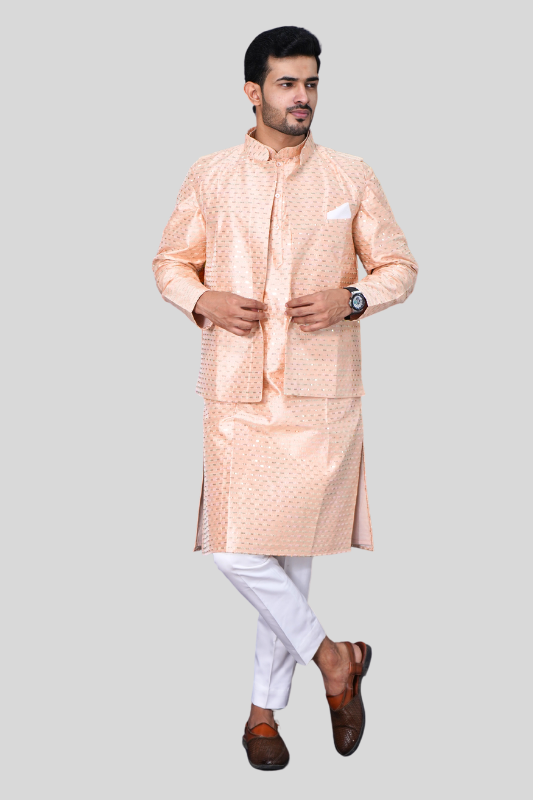 Straight Sequence Malai Kurta, Jacket & Pajama- Rose Brown
