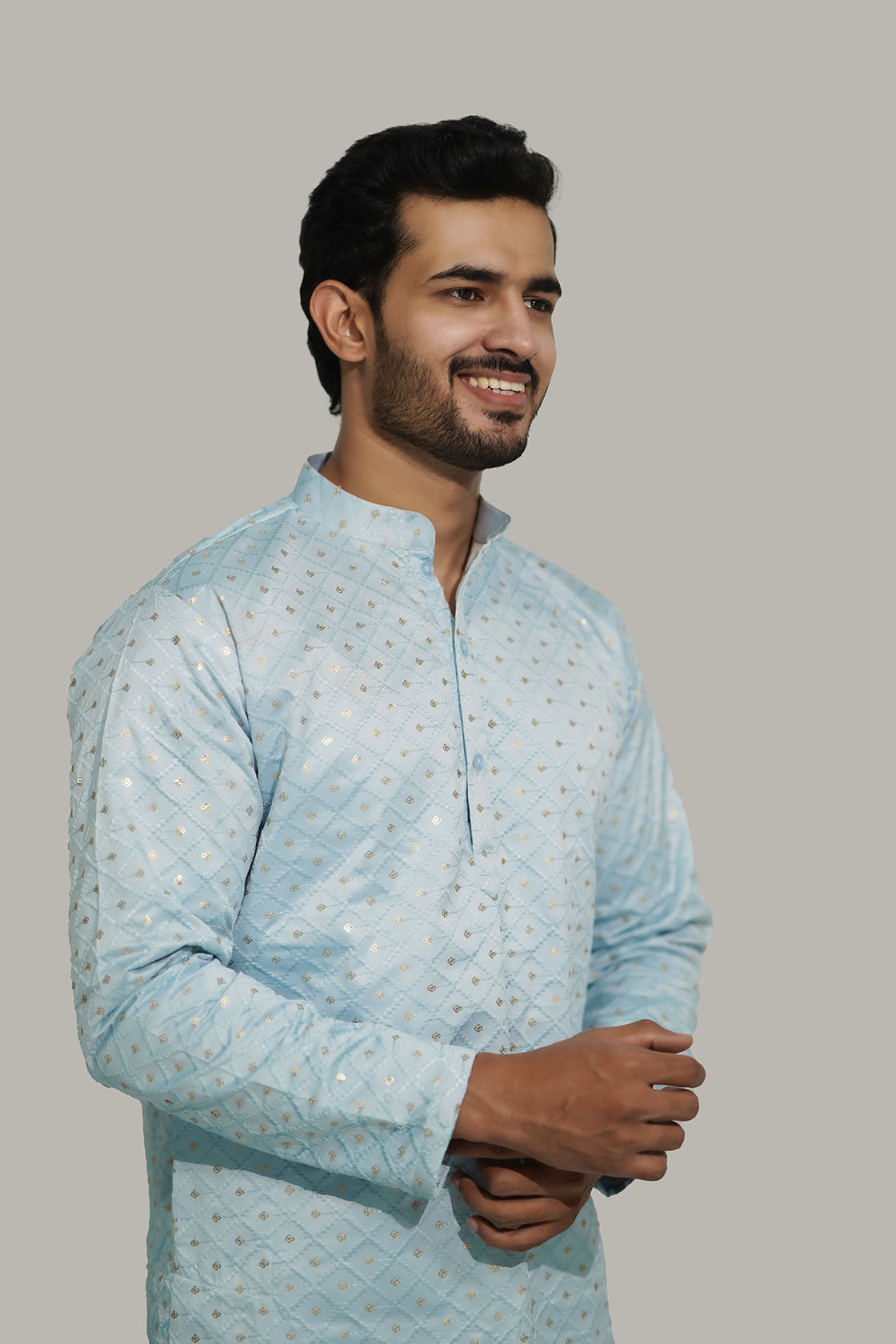 Mens Checks sequence Malai kurta Sky Blue