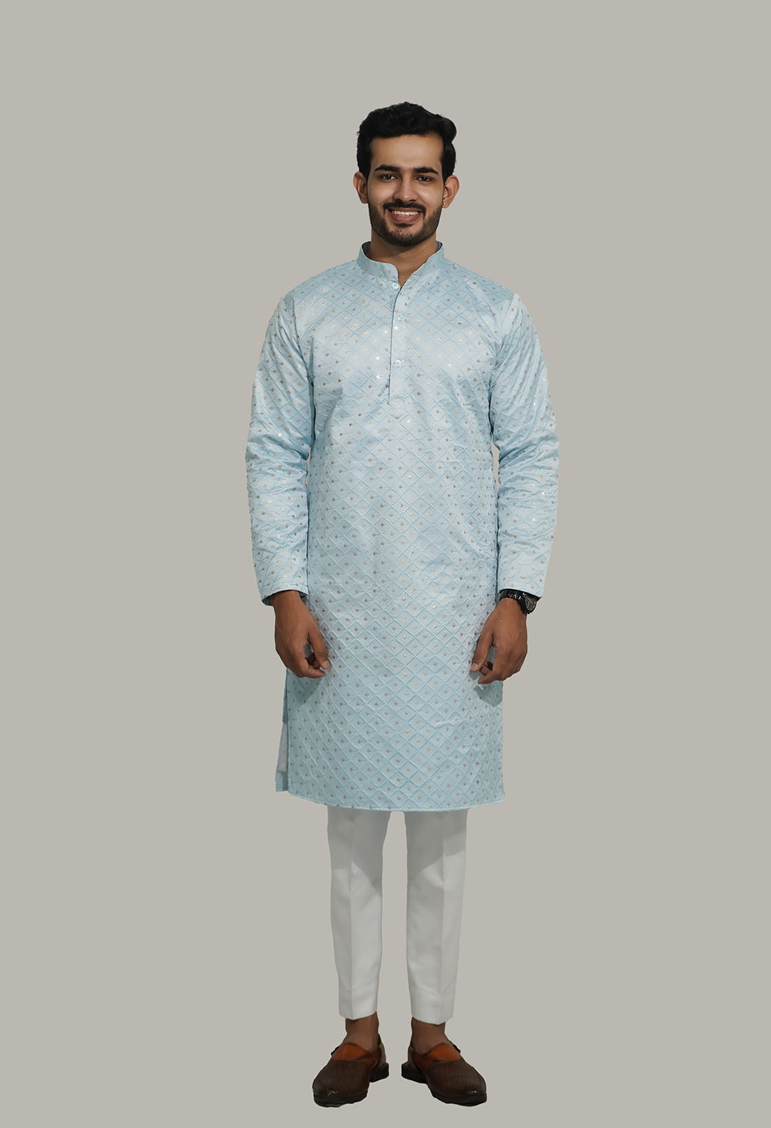 Mens Checks sequence Malai kurta Sky Blue