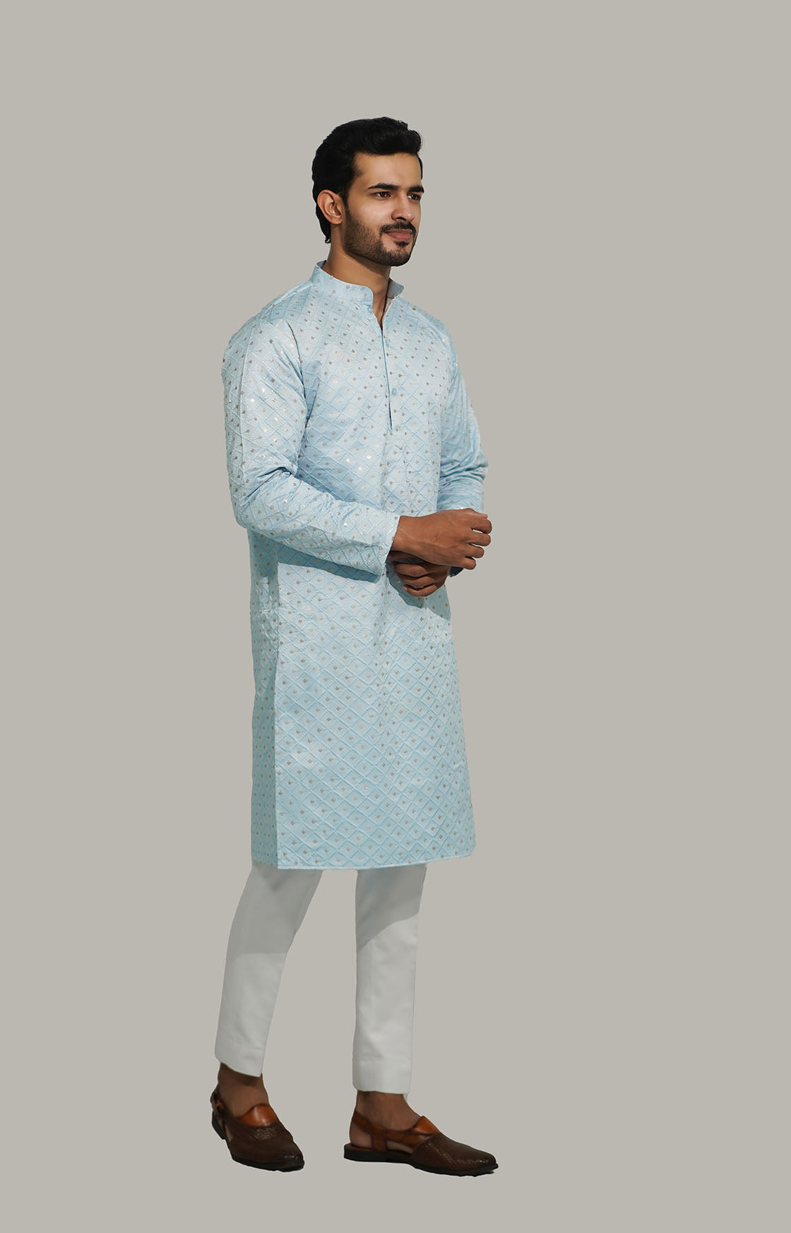 Mens Checks sequence Malai kurta Sky Blue