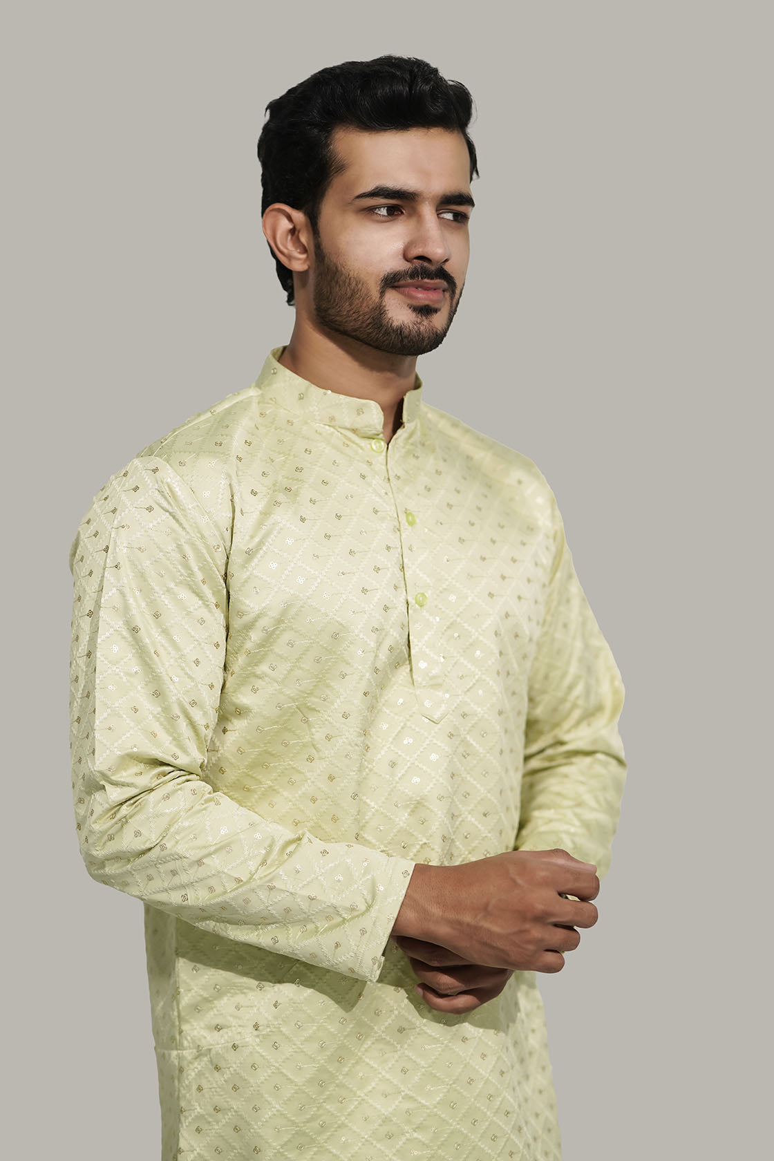 Mens Checks sequence Malai kurta Light Green