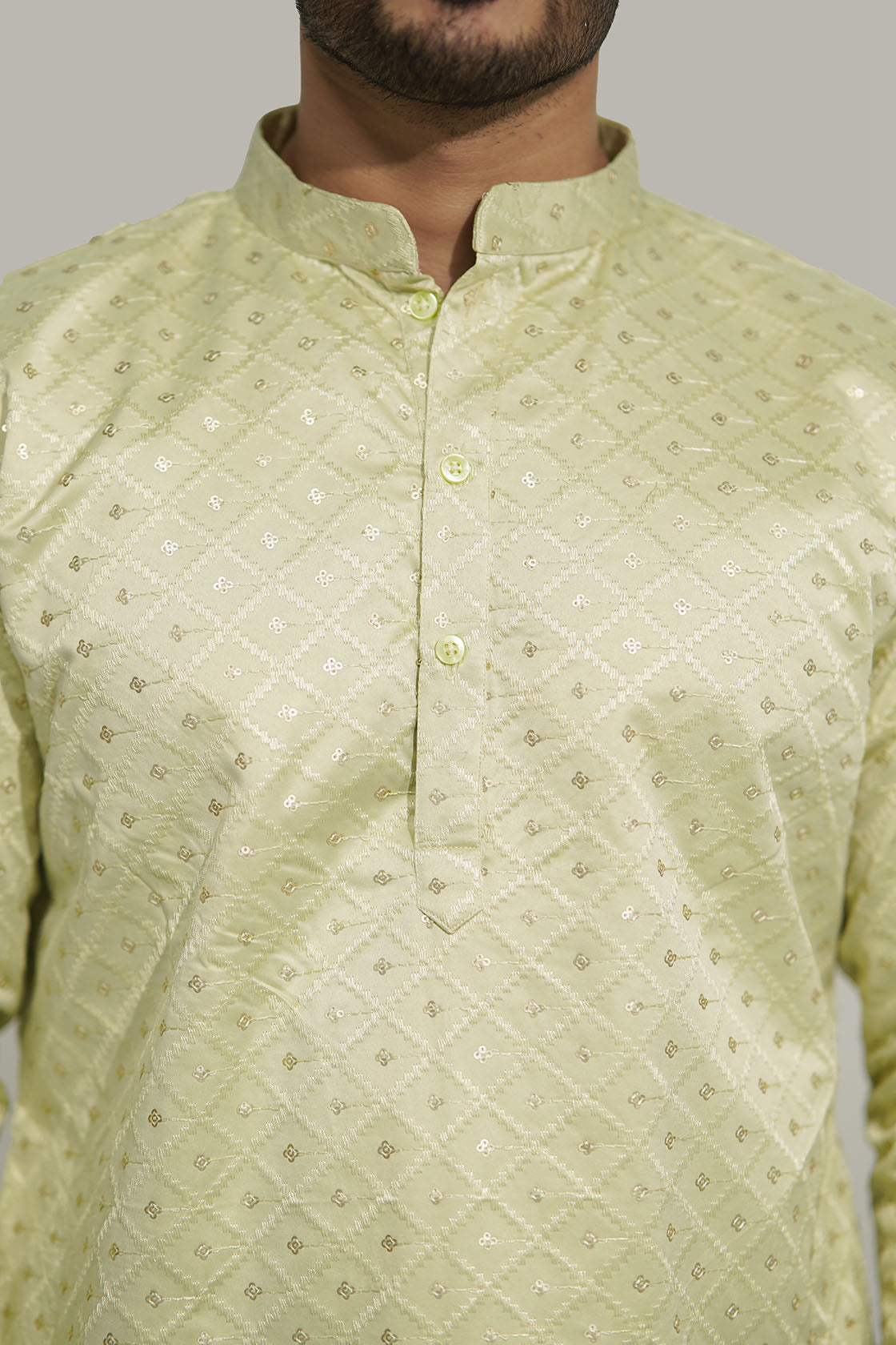 Mens Checks sequence Malai kurta Light Green