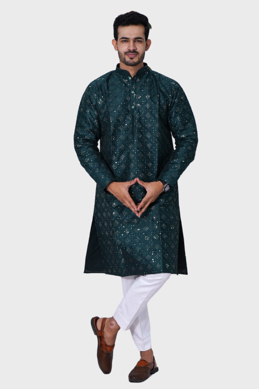 Square Sequence Malai Kurta- Bottle Green