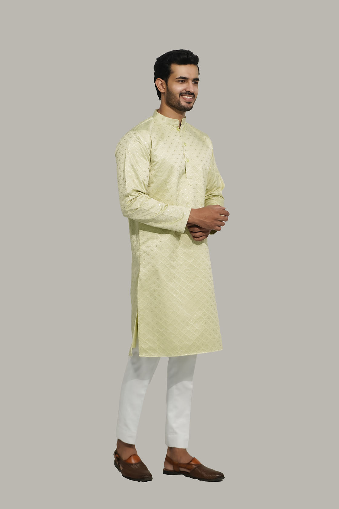Mens Checks sequence Malai kurta Light Green