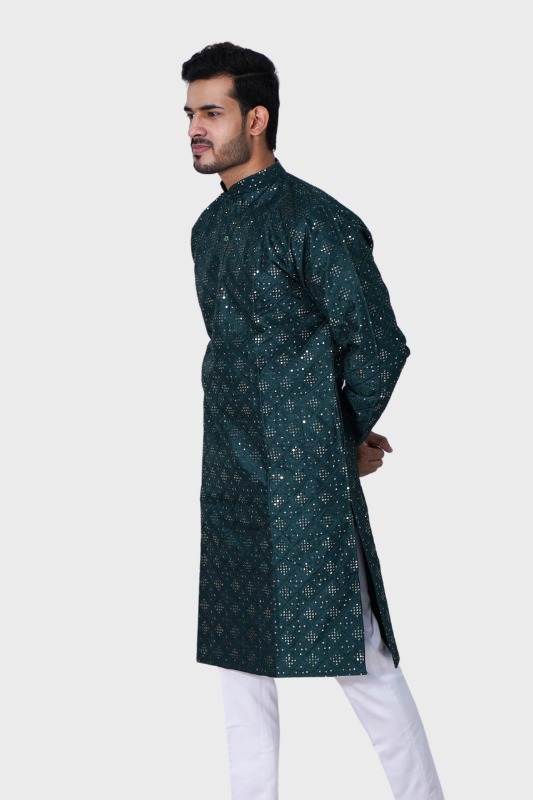 Square Sequence Malai Kurta- Bottle Green