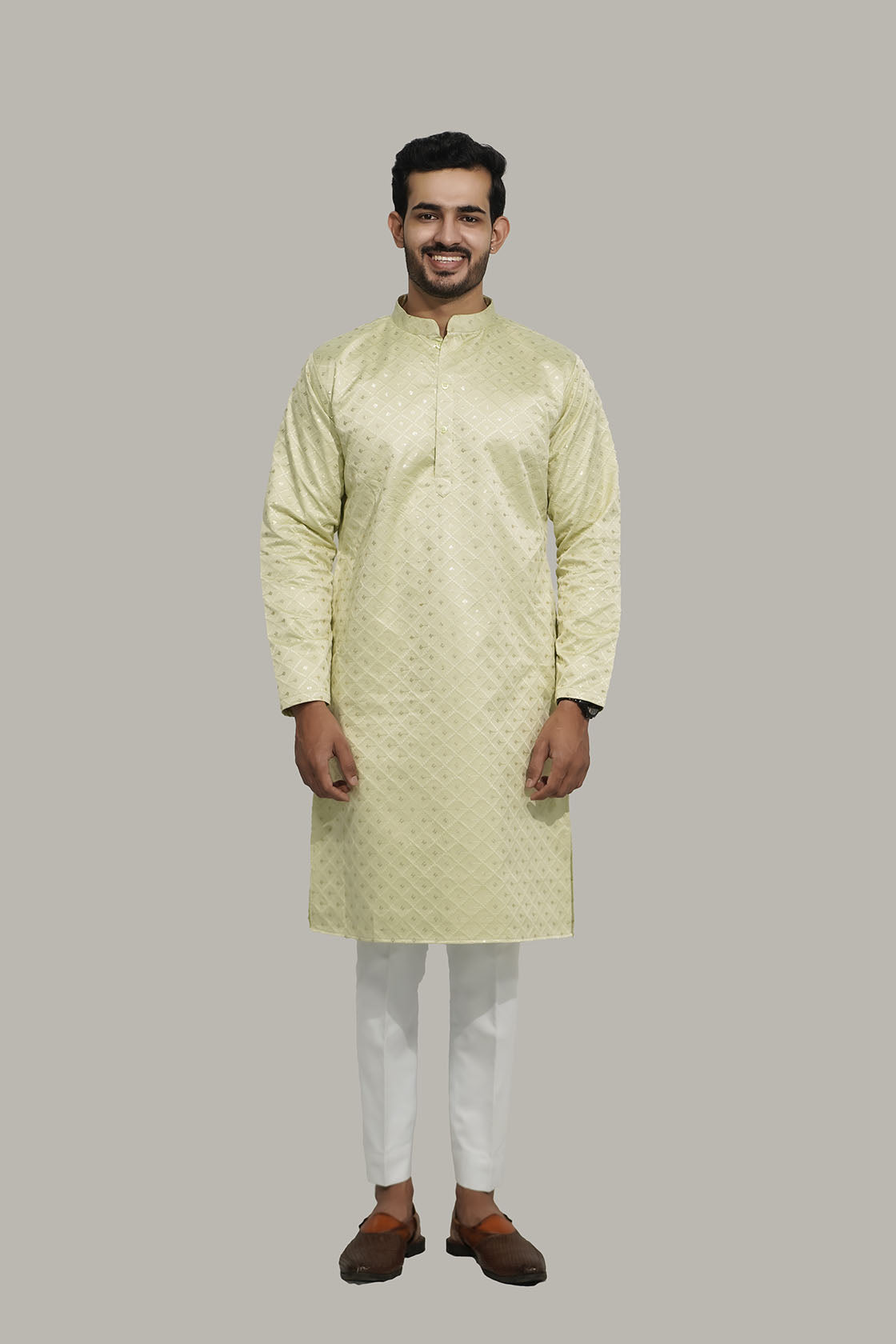 Mens Checks sequence Malai kurta Light Green