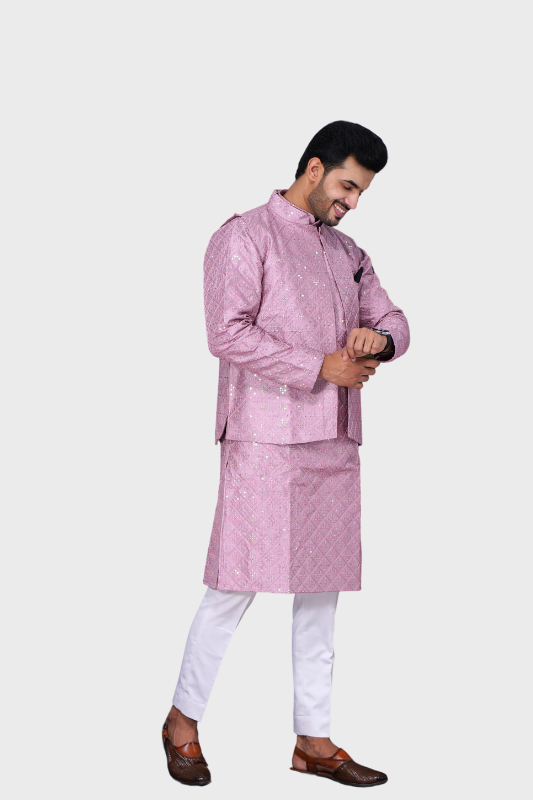 Square Sequence Malai Kurta, Jacket & Pajama- Crepe Pink