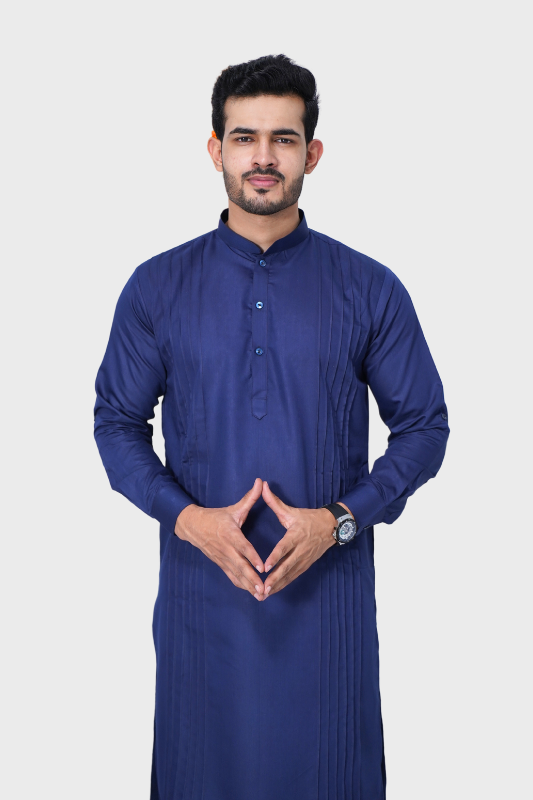 Cotton Giza Long Kurta Pleeted – Navy Blue