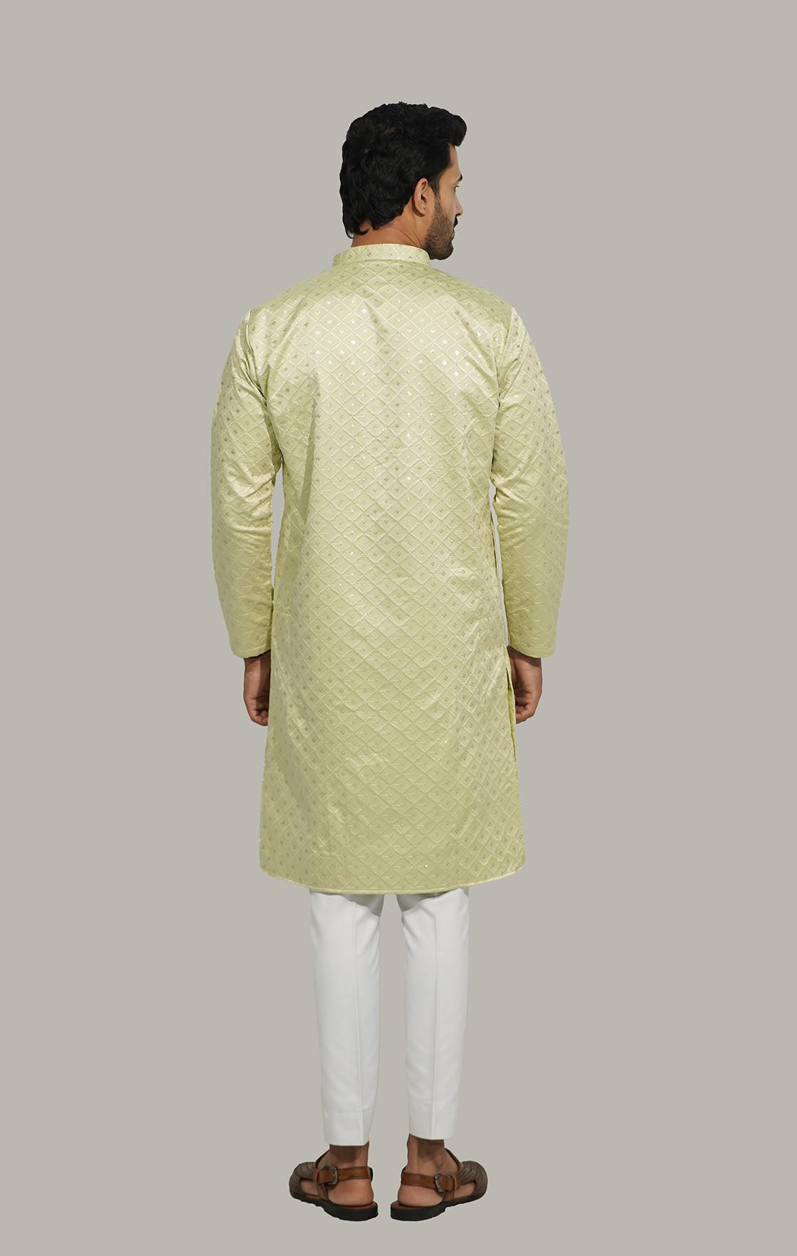 Mens Checks sequence Malai kurta Light Green