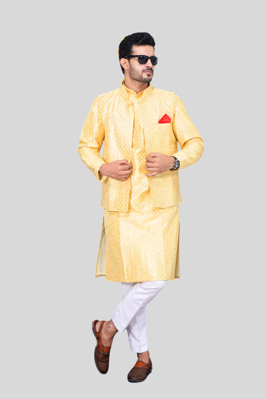 Straight Sequence Malai Kurta, Jacket & Pajama- Royal Yellow