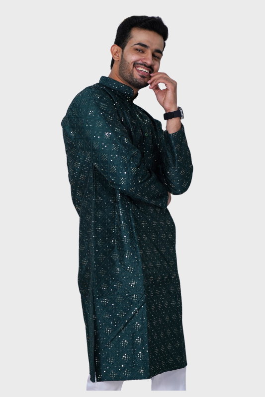 Square Sequence Malai Kurta- Bottle Green