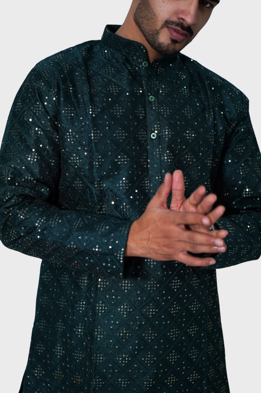 Square Sequence Malai Kurta- Bottle Green