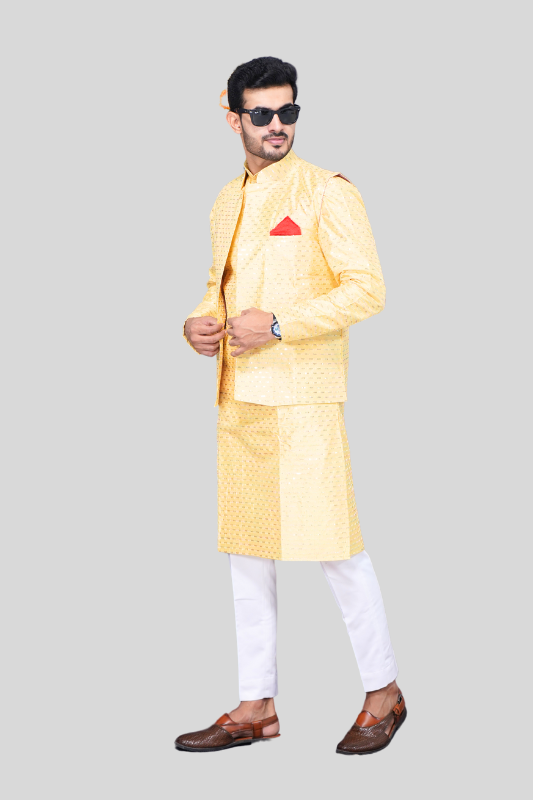 Straight Sequence Malai Kurta, Jacket & Pajama- Royal Yellow