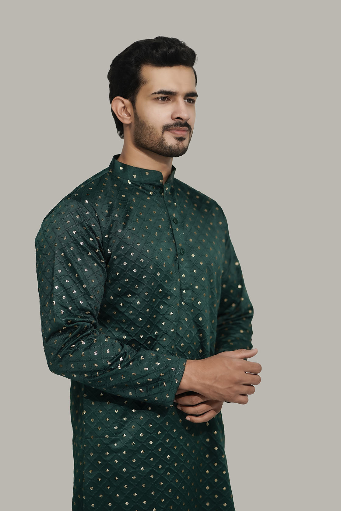 Mens Checks sequence Malai kurta Green