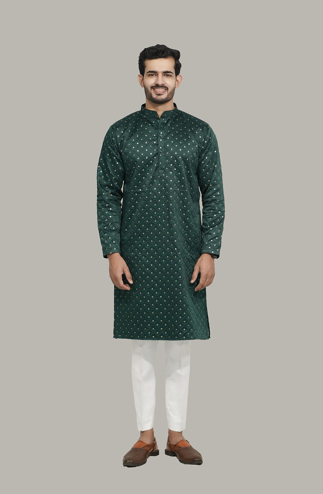 Mens Checks sequence Malai kurta Green