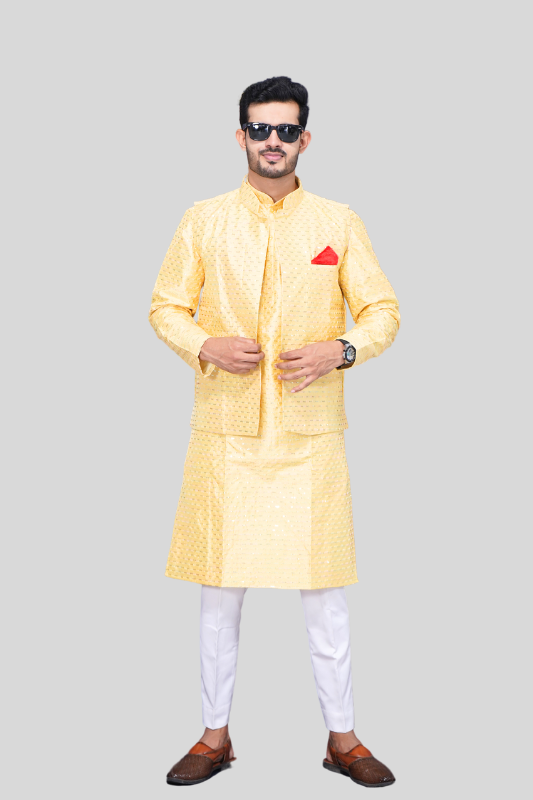 Straight Sequence Malai Kurta, Jacket & Pajama- Royal Yellow
