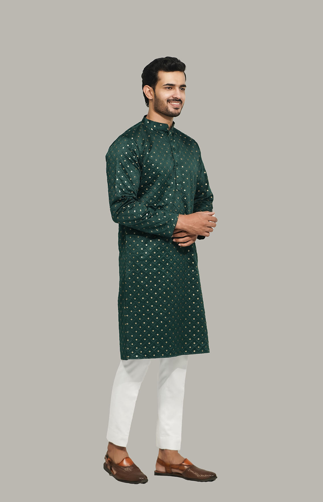 Mens Checks sequence Malai kurta Green