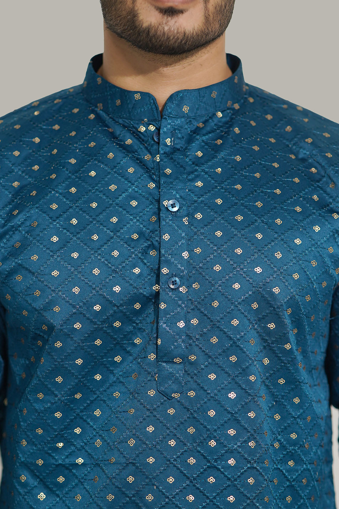 Mens Checks sequence Malai kurta Teal Blue
