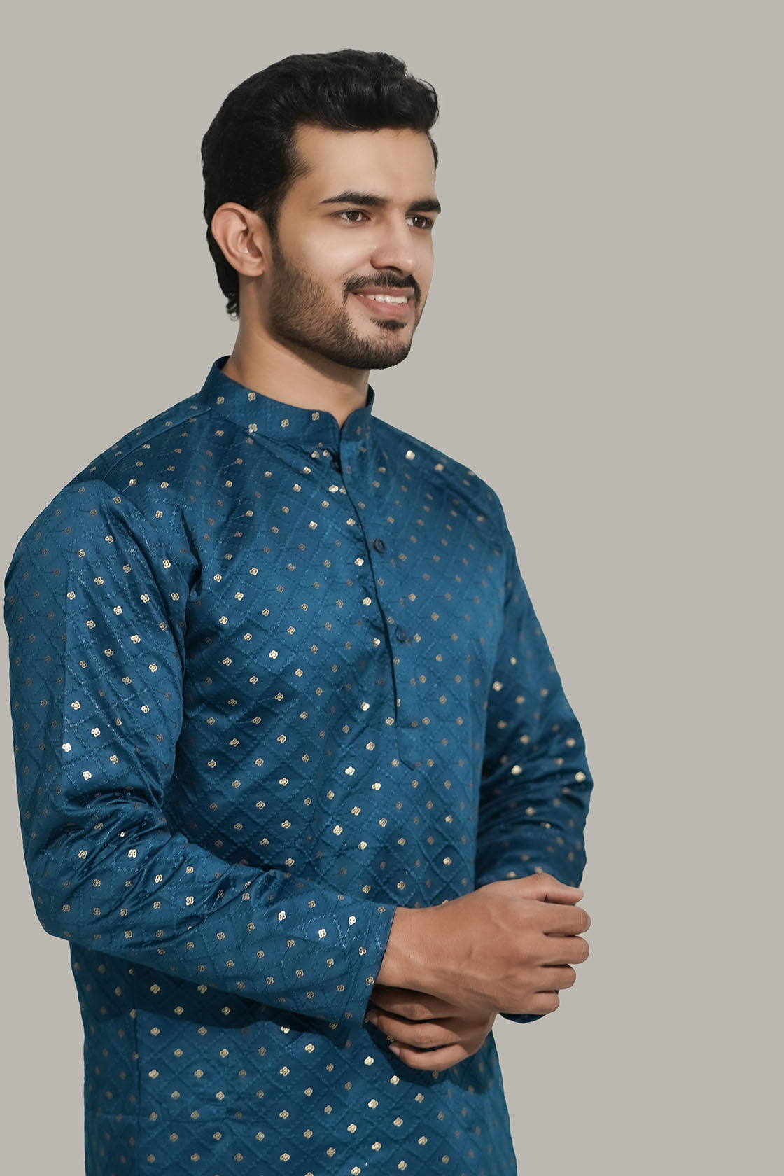 Mens Checks sequence Malai kurta Teal Blue