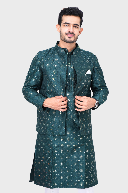 Square Sequence Malai Kurta, Jacket & Pajama- Bottle Green