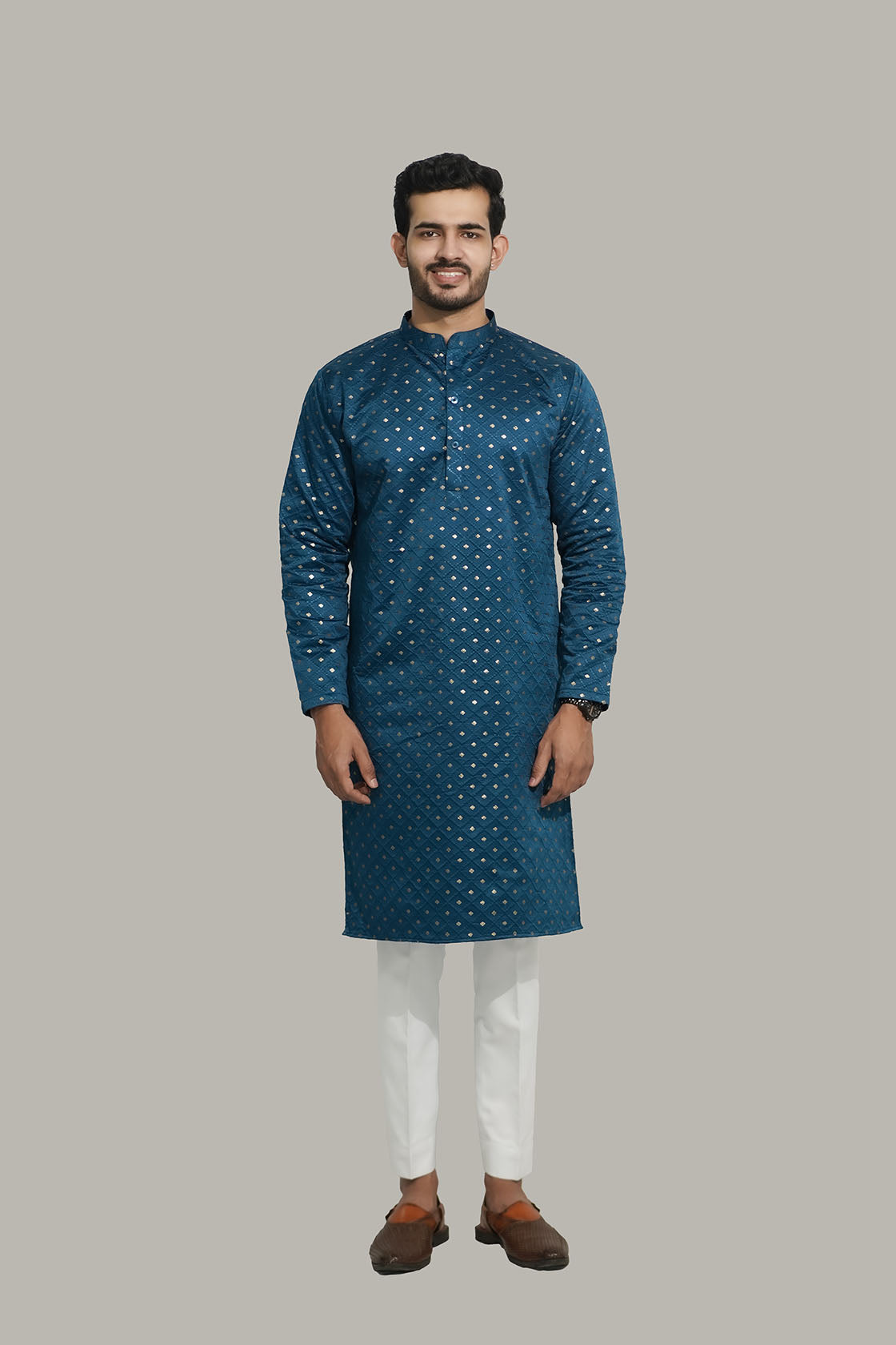Mens Checks sequence Malai kurta Teal Blue