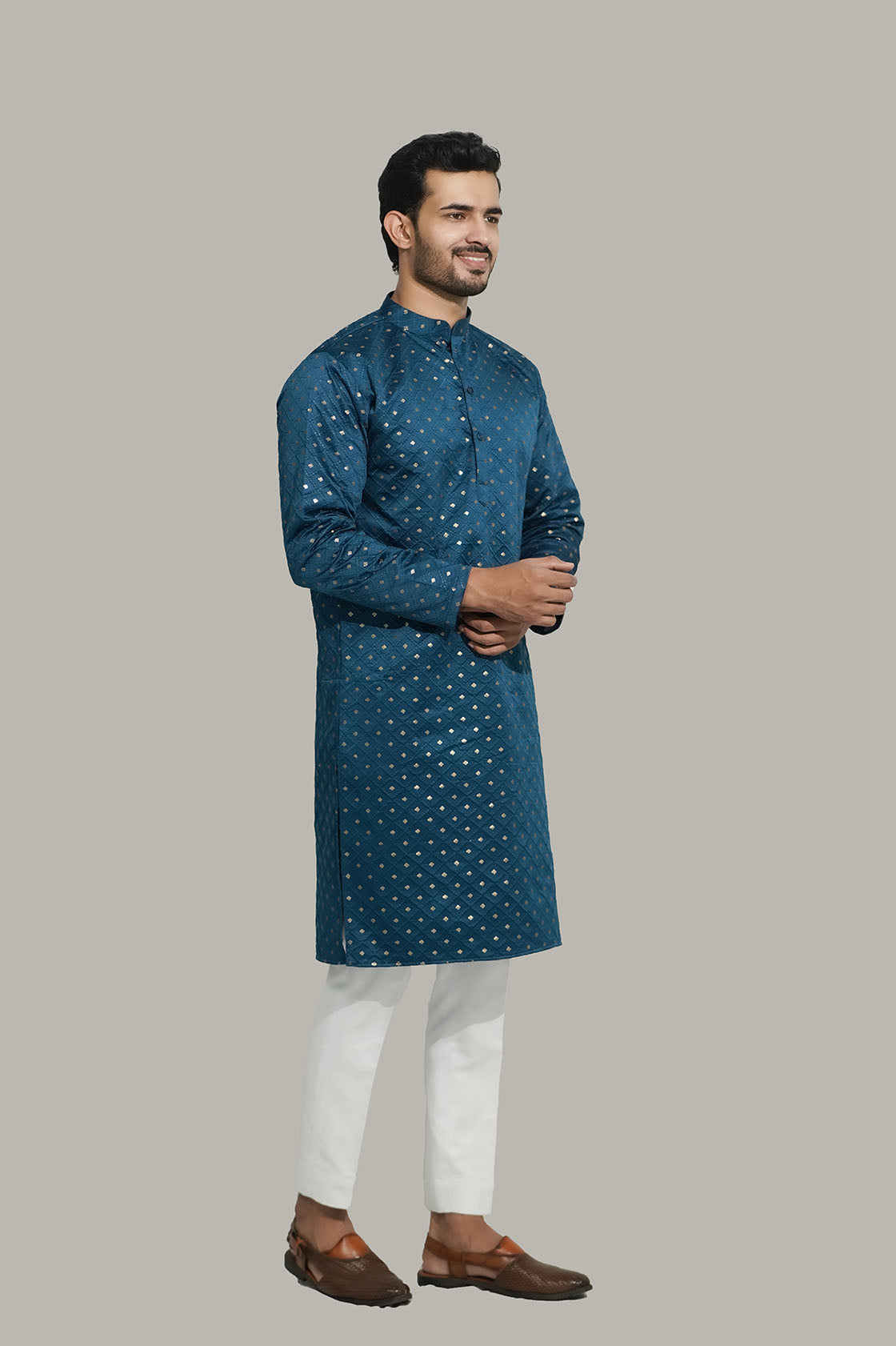 Mens Checks sequence Malai kurta Teal Blue
