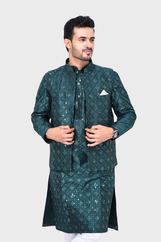Square Sequence Malai Kurta, Jacket & Pajama- Bottle Green