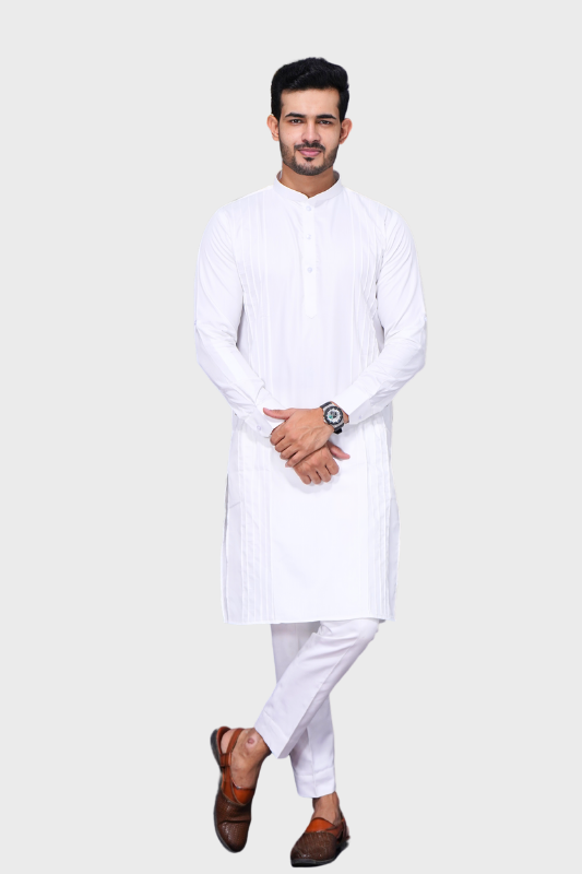 Cotton Giza Long Kurta Pleeted. – Silky White