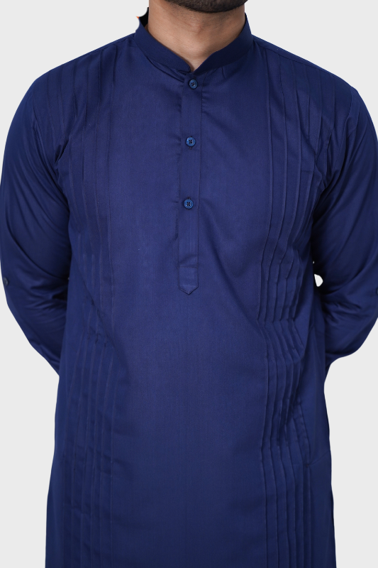 Cotton Giza Long Kurta Pleeted – Navy Blue