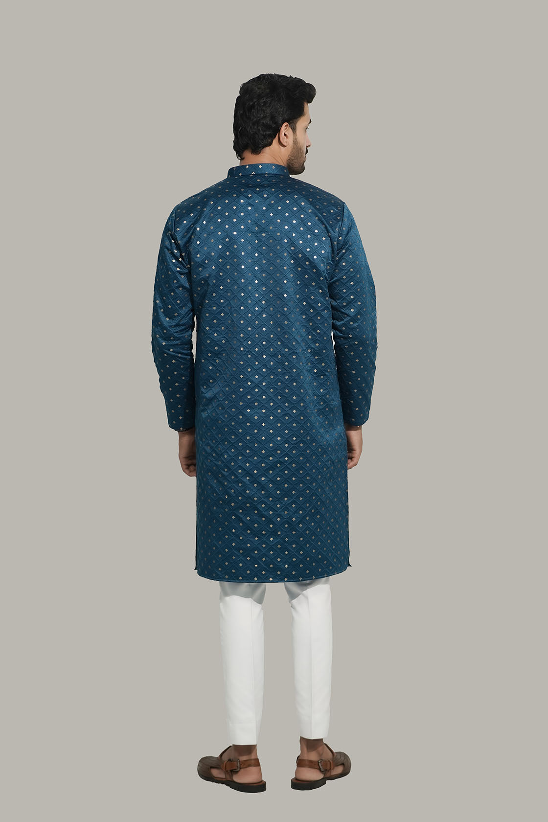 Mens Checks sequence Malai kurta Teal Blue