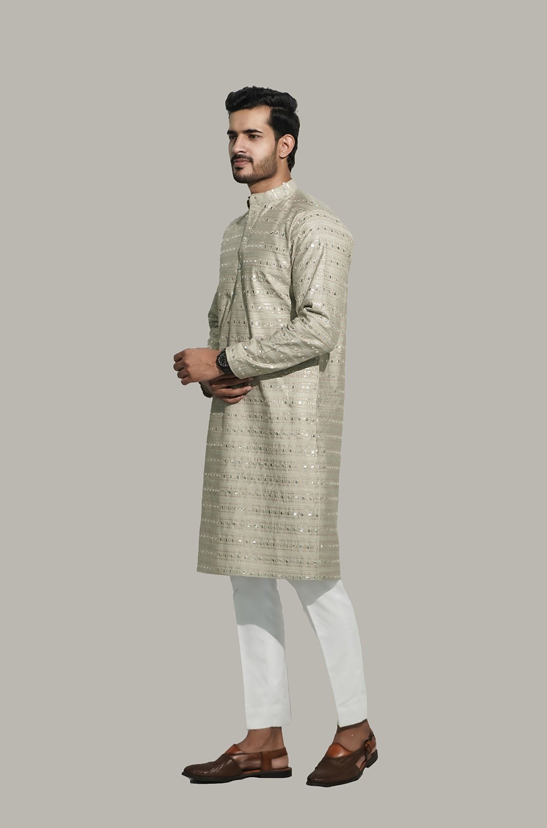 Light Green Men’s Sequence Shimmer Malai Kurta